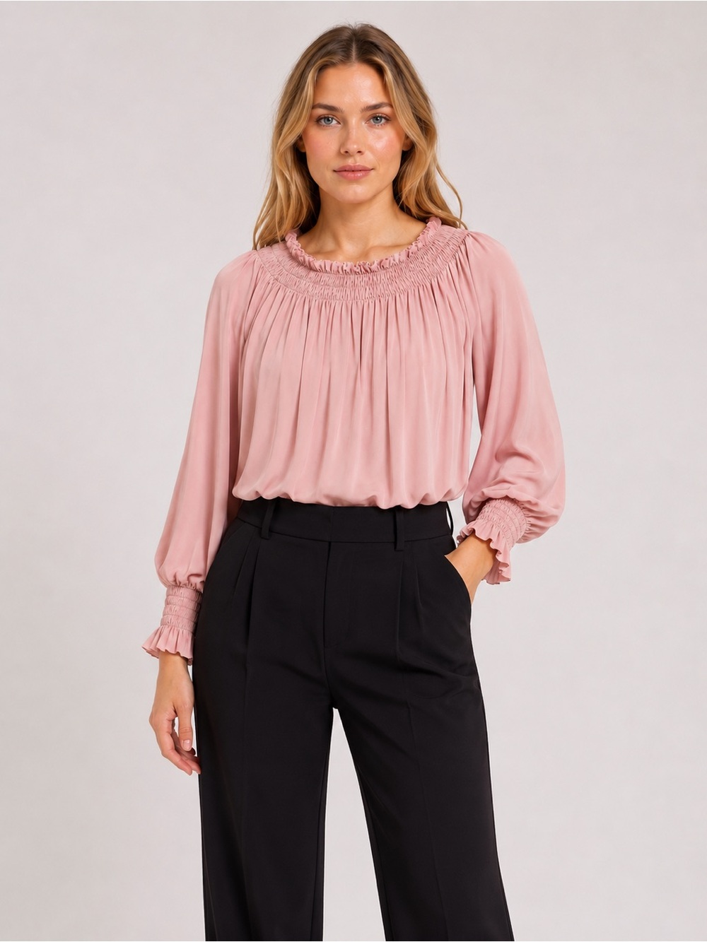 Norma Kamali Shirt XS Smocked Neck Arm Hem Wide Sleeve Solid Flowy Blush Pink